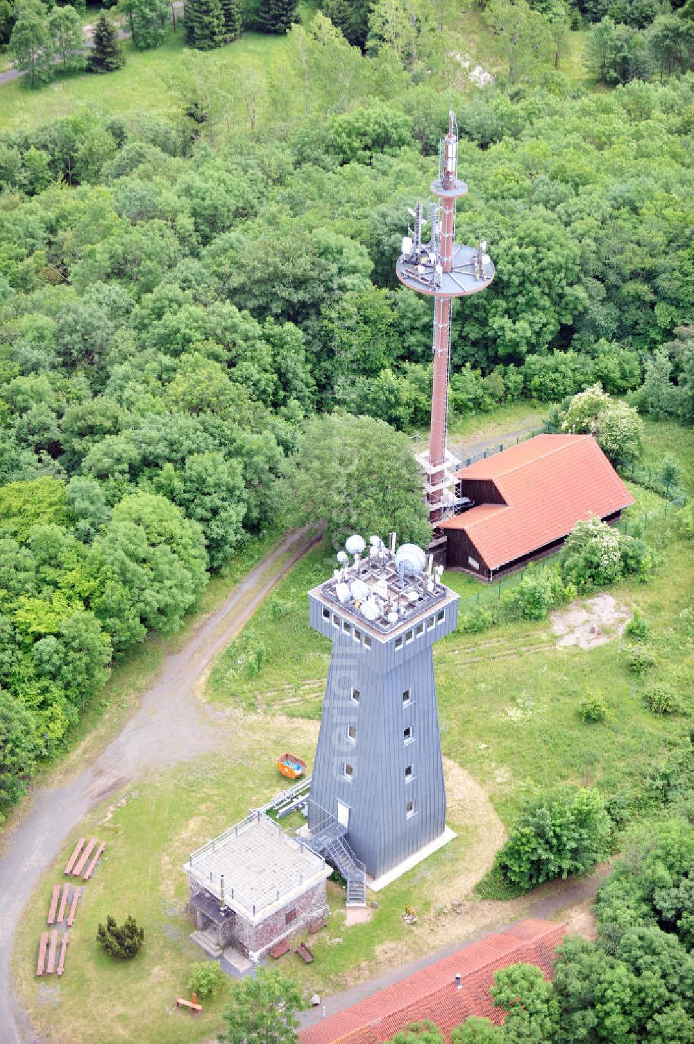 Breitungen from above - Aussichtsturm auf dem Pleßberg in Thüringen. Viewing tower at the Pleßberg mountain in Thuringia.