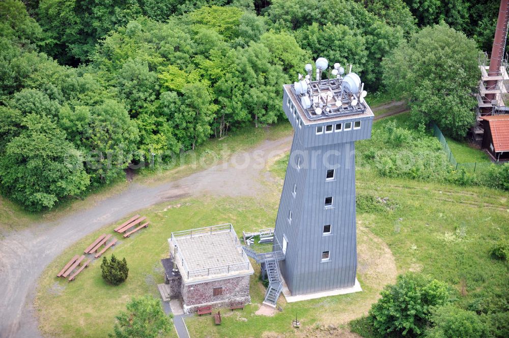 Breitungen from the bird's eye view: Aussichtsturm auf dem Pleßberg in Thüringen. Viewing tower at the Pleßberg mountain in Thuringia.