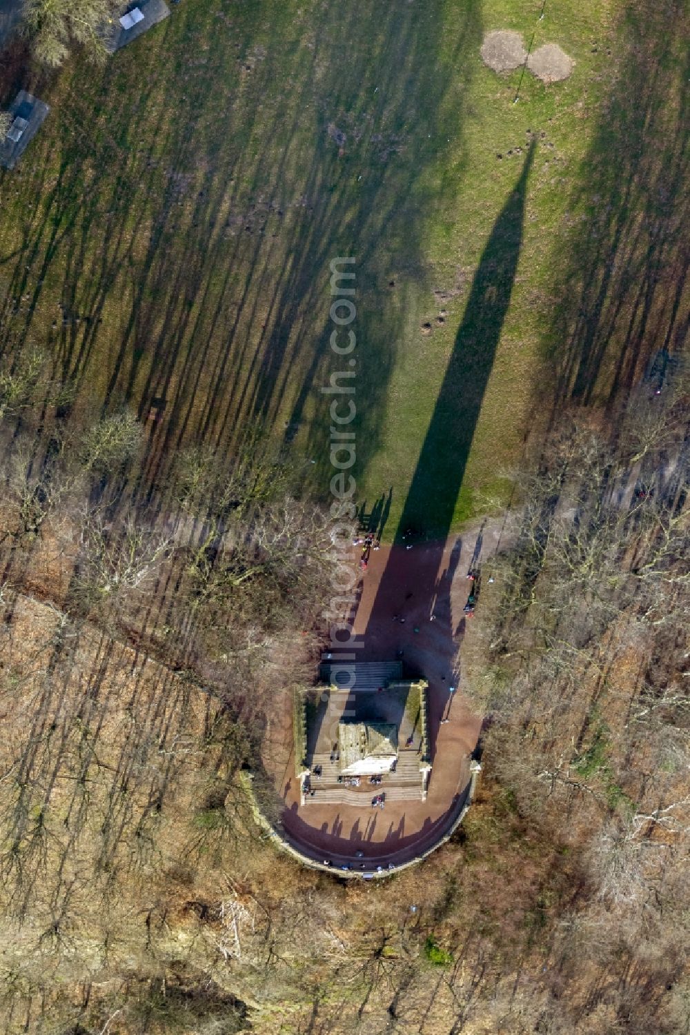 Witten from above - View on the observation tower Berger-Denkmal in Witten in the state North Rhine-Westphalia, which casts a shadow. The monument is part of the scenic route the Industrial Heritage Trail