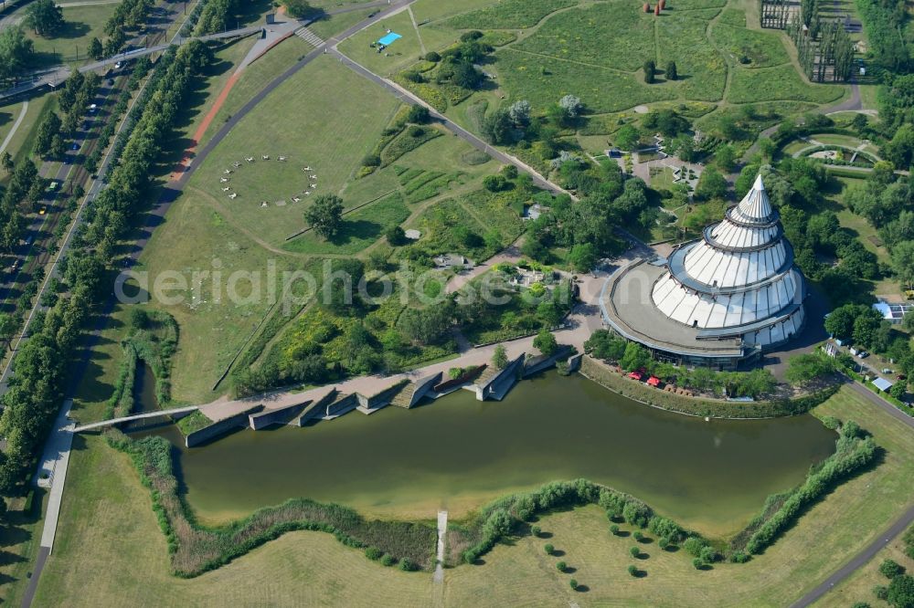 Aerial image Magdeburg - Structure of the observation tower Jahrtausendturm Magdeburg in the district Herrenkrug in Magdeburg in the state Saxony-Anhalt, Germany