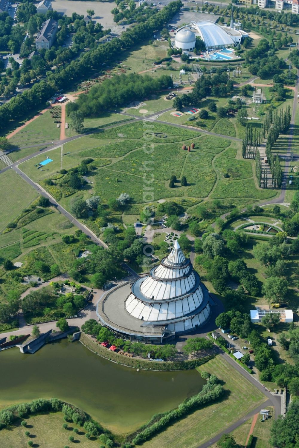 Magdeburg from above - Structure of the observation tower Jahrtausendturm Magdeburg in the district Herrenkrug in Magdeburg in the state Saxony-Anhalt, Germany