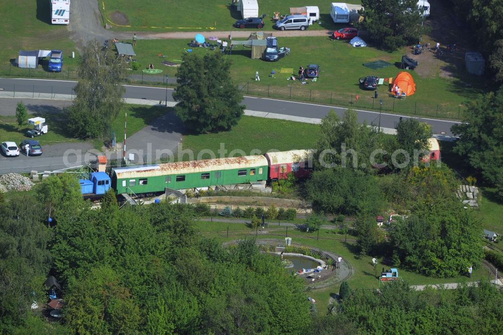 Aerial image Markkleeberg - Exhibition of an old switcher and area of the Modellbaupark Auenhain in Markkleeberg in the state Saxony