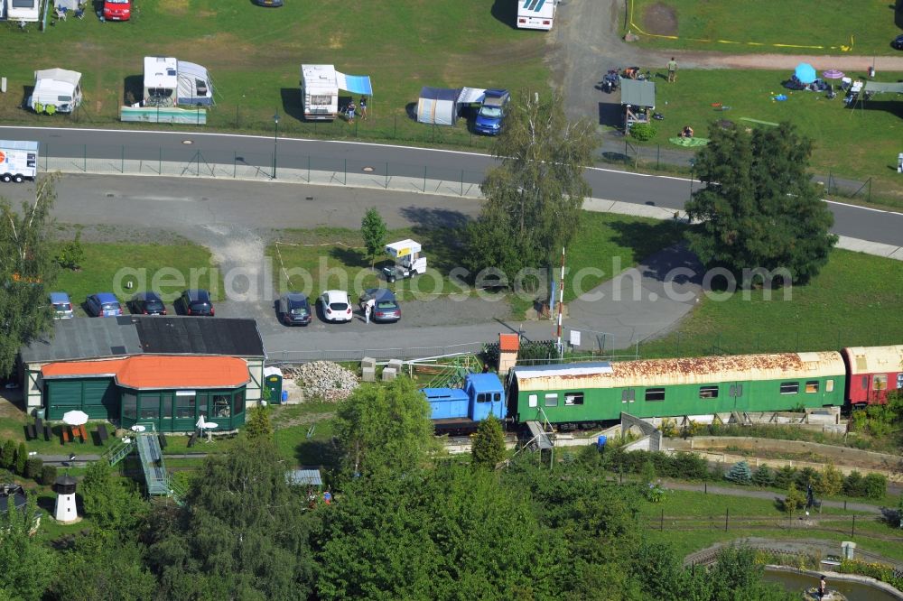 Aerial photograph Markkleeberg - Exhibition of an old switcher and area of the Modellbaupark Auenhain in Markkleeberg in the state Saxony