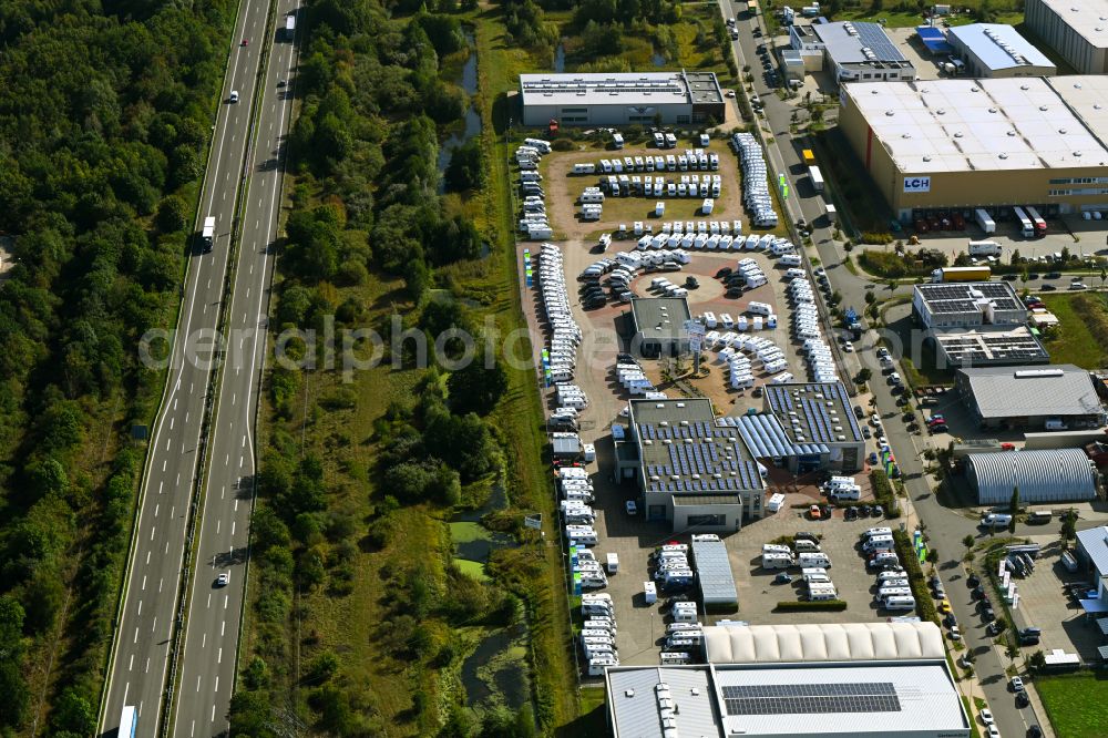 Winsen (Luhe) from the bird's eye view: Exhibition of the caravan dealer Freizeit-Center Albrecht GmbH Co. KG on Porschestrasse in Winsen (Luhe) in the state Lower Saxony, Germany