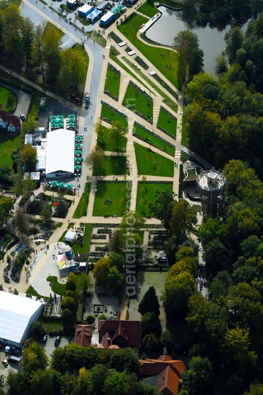 Bad Iburg from above - Park of LAGA Landesgartenschau in Bad Iburg in the state Lower Saxony, Germany