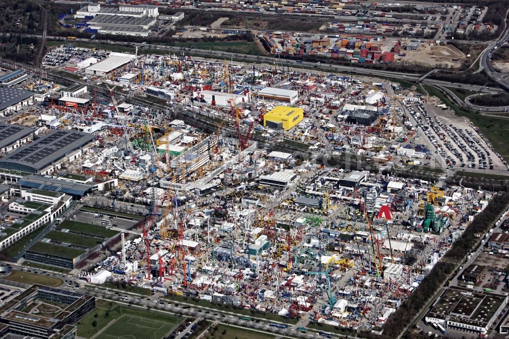 Aerial image München - Exhibition grounds and exhibition halls of the bauma, world's leading trade fair for construction machinery and vehicles in Munich in the state Bavaria