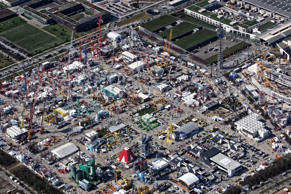 Aerial image München - Exhibition grounds and exhibition halls of the bauma, world's leading trade fair for construction machinery and vehicles in Munich in the state Bavaria