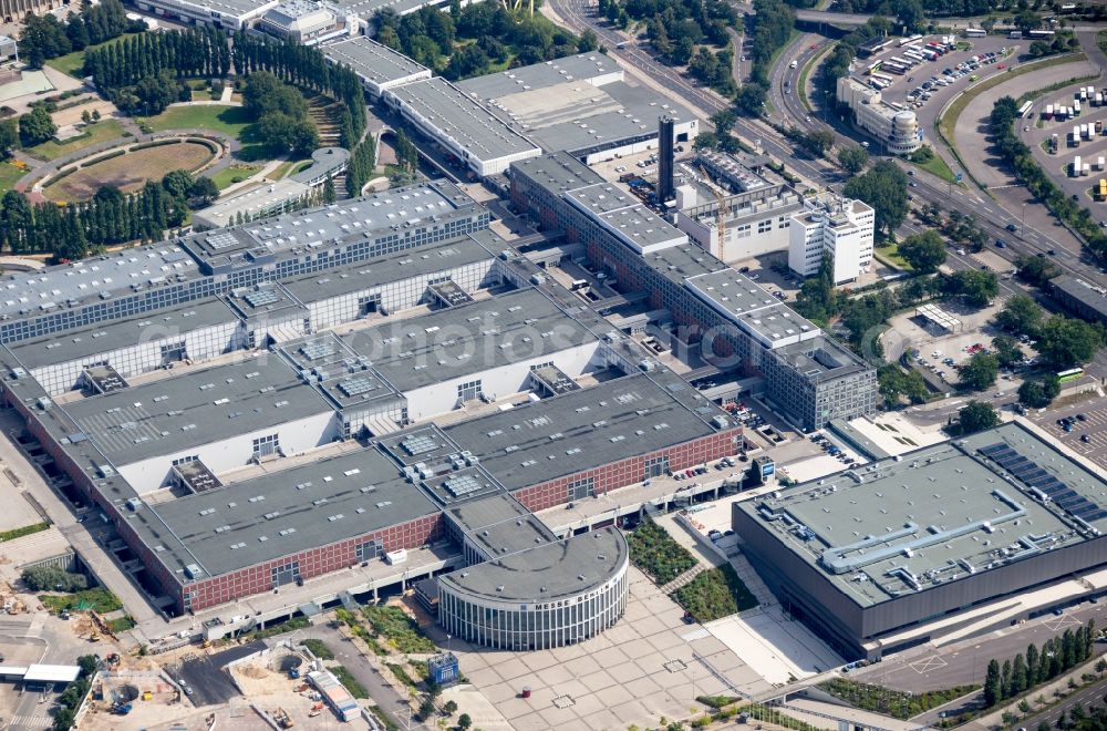 Berlin from above - Exhibition grounds and exhibition halls of the Messe Berlin GmbH on Funkturm - Messedamm - Kongresszentrum ICC in the district Charlottenburg in Berlin, Germany