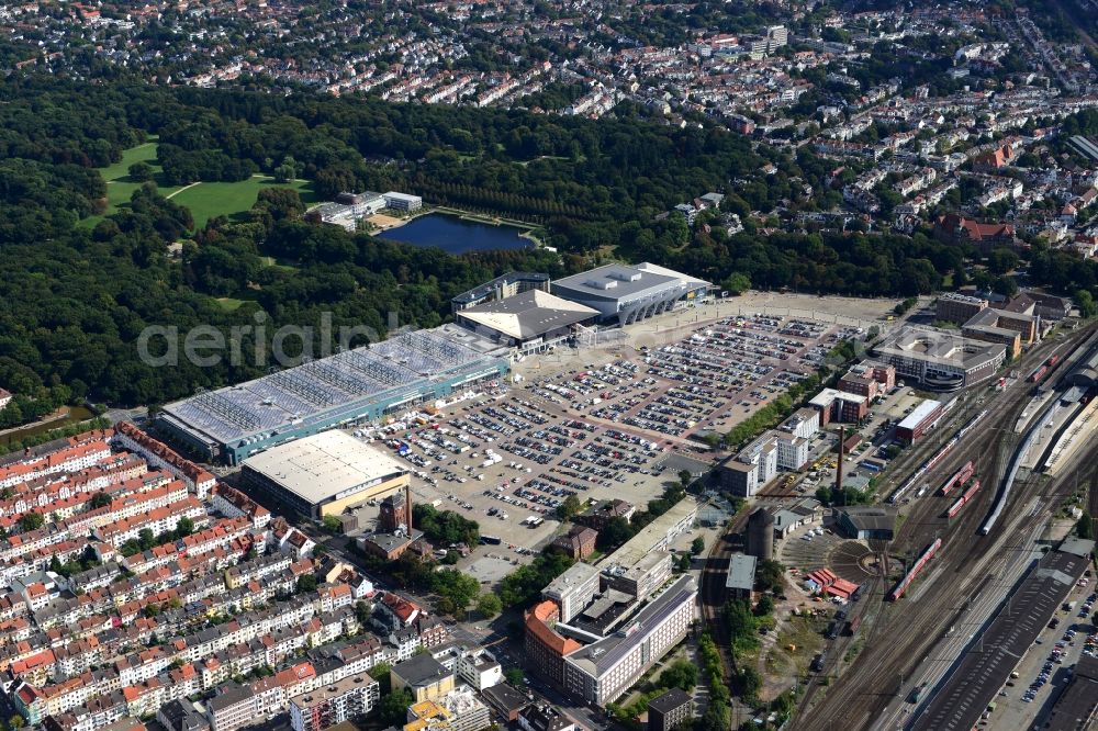 Bremen from above - Exhibition grounds and exhibition halls of the Messe Bremen und der OeVB-Arena an der Findorffstrasse in Bremen in Germany