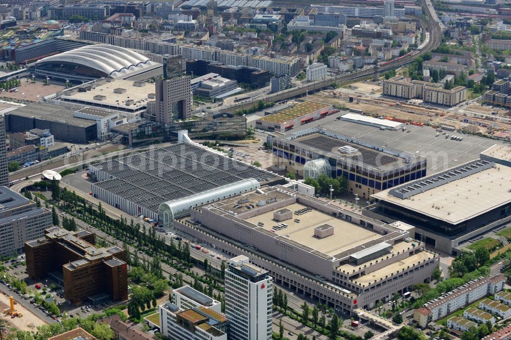 Frankfurt am Main from the bird's eye view: Exhibition grounds and exhibition halls of the Messe Frankfurt in Frankfurt in the state Hesse