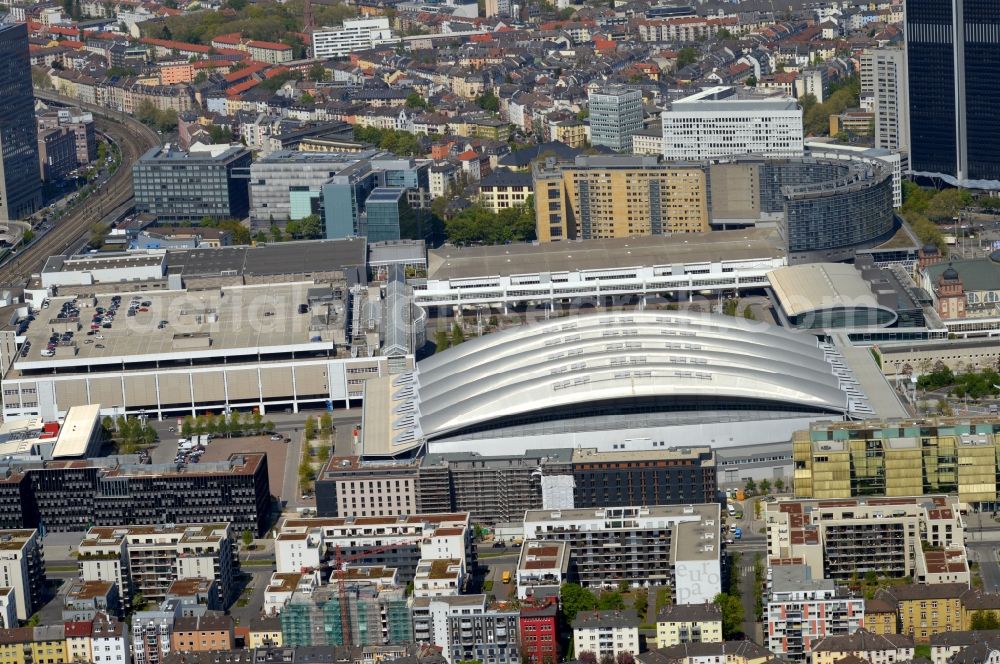 Frankfurt am Main from the bird's eye view: Exhibition grounds and exhibition halls of the Messe in Frankfurt in the state Hesse