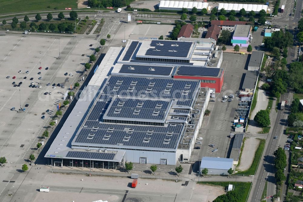 Aerial photograph Freiburg im Breisgau - Exhibition grounds and exhibition halls of the Messe Freiburg on Hermann-Mitsch-Strasse in Freiburg im Breisgau in the state Baden-Wuerttemberg, Germany