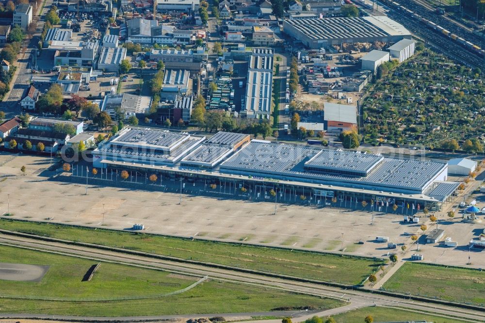 Freiburg im Breisgau from above - Exhibition grounds and exhibition halls of the Messe Freiburg on Hermann-Mitsch-Strasse in Freiburg im Breisgau in the state Baden-Wurttemberg, Germany