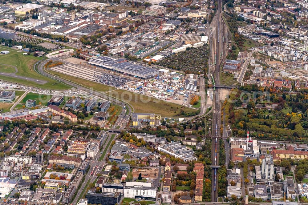 Freiburg im Breisgau from above - Exhibition grounds and exhibition halls of the Messe Freiburg on Hermann-Mitsch-Strasse in Freiburg im Breisgau in the state Baden-Wurttemberg, Germany