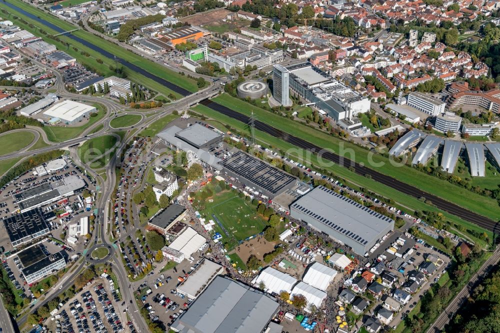 Offenburg from above - Exhibition grounds and exhibition halls of the Messe Offenburg-Ortenau GmbH on Schutterwaelder Strasse in Offenburg in the state Baden-Wuerttemberg, Germany