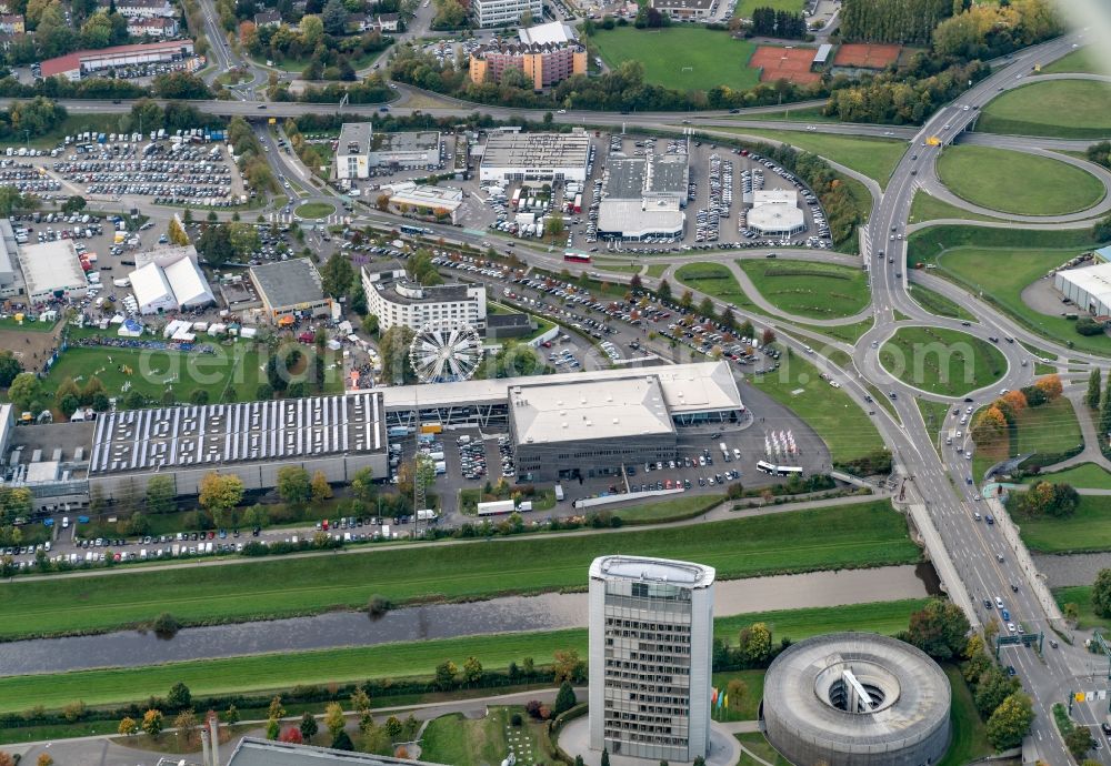 Offenburg from above - Exhibition grounds and exhibition halls of the Messe Offenburg-Ortenau GmbH on Schutterwaelder Strasse in Offenburg in the state Baden-Wuerttemberg, Germany