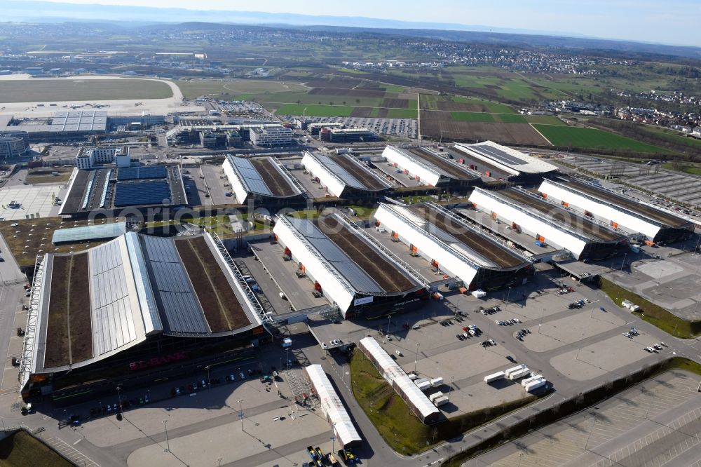 Stuttgart from above - Exhibition grounds and exhibition halls of the Messe in Stuttgart in the state Baden-Wurttemberg, Germany