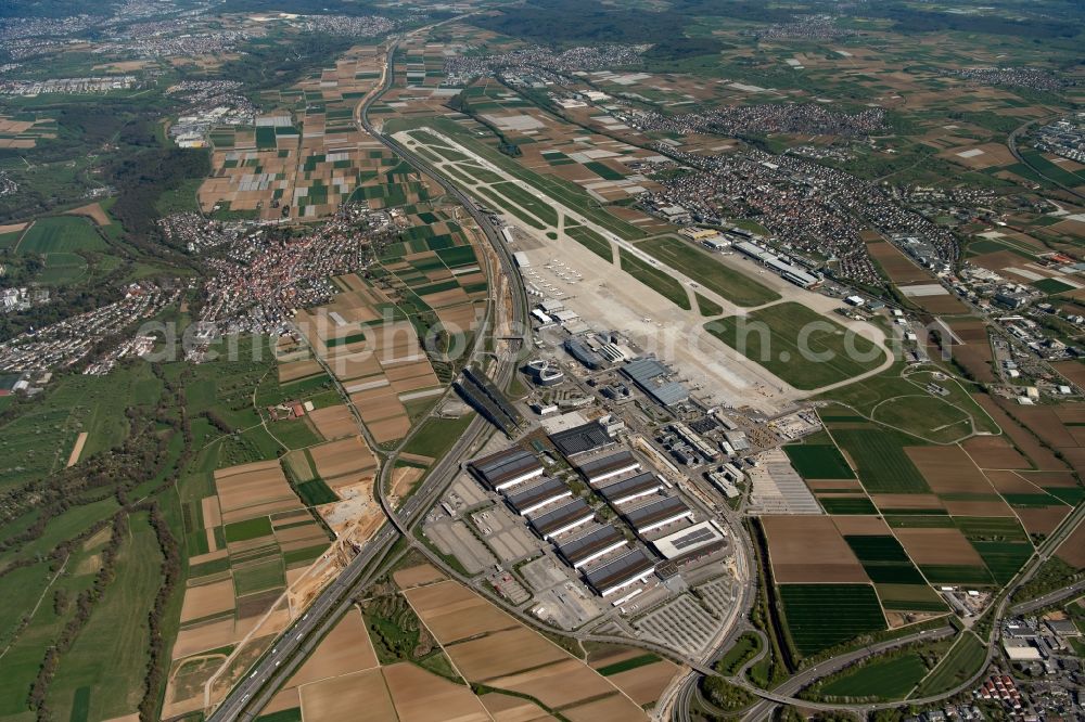 Leinfelden-Echterdingen from above - Exhibition grounds and exhibition halls of the Messe in Stuttgart in the state Baden-Wurttemberg, Germany