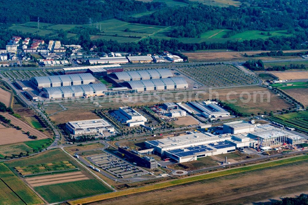 Rheinstetten from above - Exhibition grounds and exhibition halls of the Neue Messe Karlsruhe in Rheinstetten in the state Baden-Wurttemberg, Germany