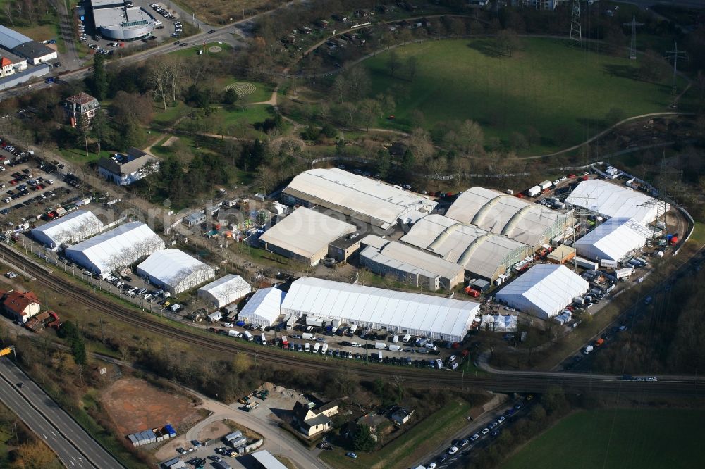 Lörrach from the bird's eye view: Exhibition grounds and exhibition halls of the Regio-Fair in Loerrach in the state Baden-Wuerttemberg, Germany