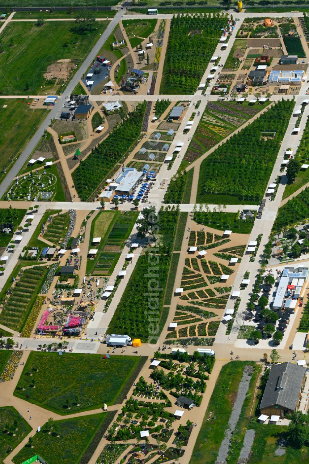 Mannheim from above - Exhibition grounds and parks in the Spinelli Park of the Federal Horticultural Show Mannheim BUGA23 in Mannheim in the state Baden-Wuerttemberg, Germany