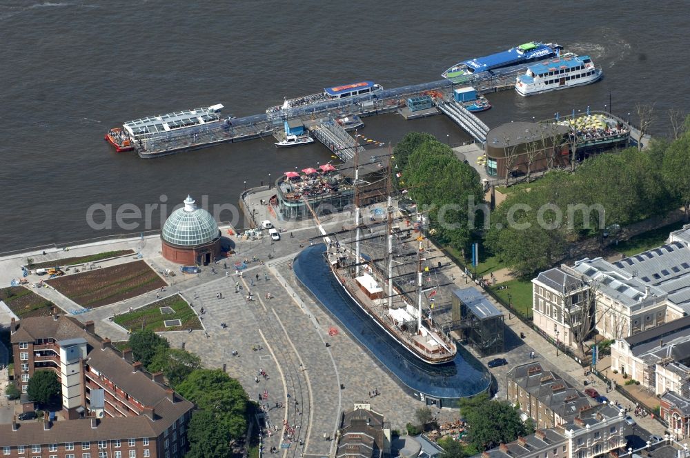 Aerial image London - View of the exhibition area with the glass of dry English tea and wool clipper / sailing ship Cutty Sark in London. The Cutty Sark is an English tea and wool clipper. It was completed in 1869 and was one of the fastest sailing ships of their time