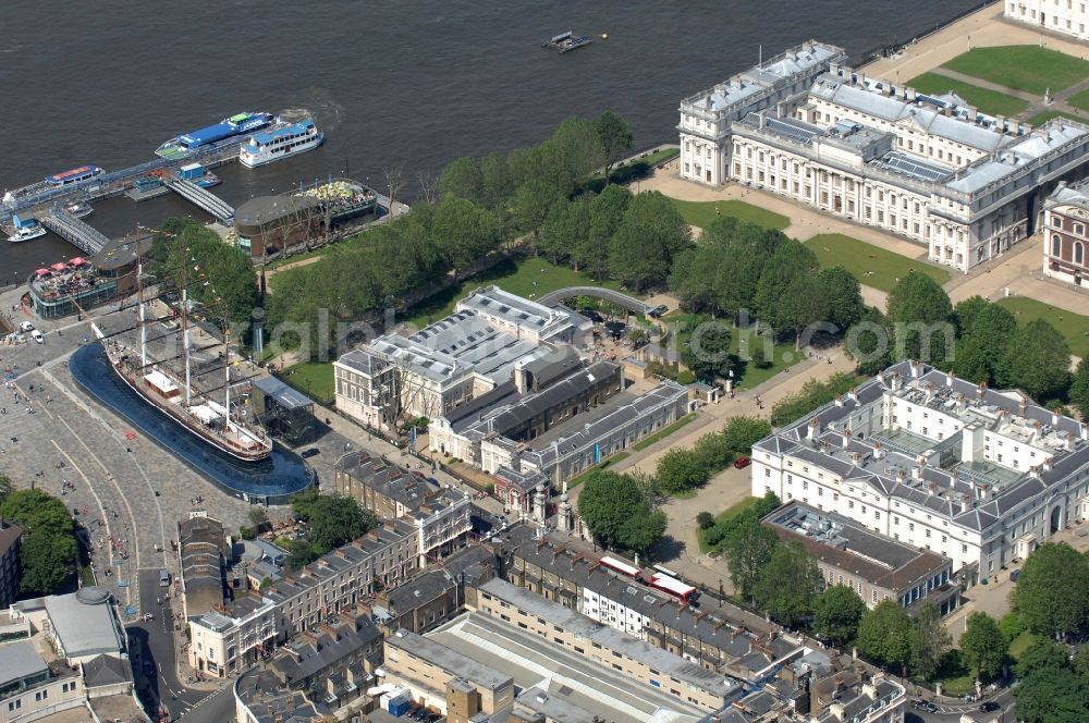 London from above - View of the exhibition area with the glass of dry English tea and wool clipper / sailing ship Cutty Sark in London. The Cutty Sark is an English tea and wool clipper. It was completed in 1869 and was one of the fastest sailing ships of their time