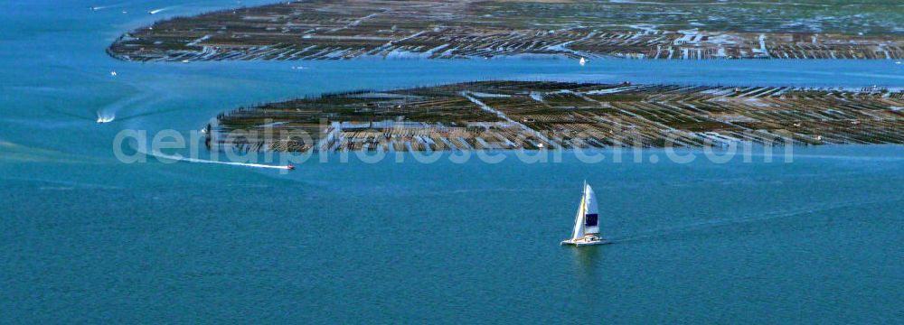 Arcachon from above - Blick auf die Zuchtanlagen für Austern im Becken von Arcachon. Das flache, warme Becken ist ideal für die Aufzucht von Saataustern, die dann in an dere Gebiete zur weiteren Zucht verkauft werden. View of the farms for oysters in the Bay of Arcachon. The shallow, warm pool is ideal for the breeding of young oysters which are then sold in other areas for further breeding.