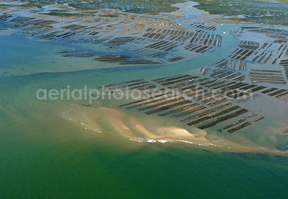 Aerial image Arcachon - Blick auf die Zuchtanlagen für Austern im Becken von Arcachon. Das flache, warme Becken ist ideal für die Aufzucht von Saataustern, die dann in an dere Gebiete zur weiteren Zucht verkauft werden. View of the farms for oysters in the Bay of Arcachon. The shallow, warm pool is ideal for the breeding of young oysters which are then sold in other areas for further breeding.