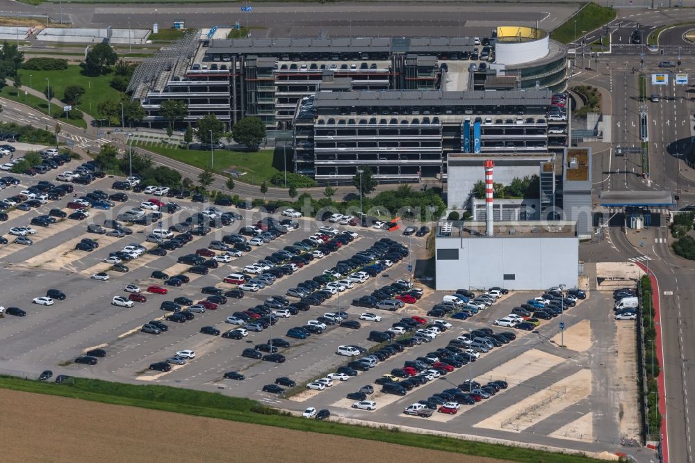 Stuttgart from above - Parking and storage space for automobiles at the building of the car park P2 at the airport in Stuttgart in the state Baden-Wuerttemberg, Germany