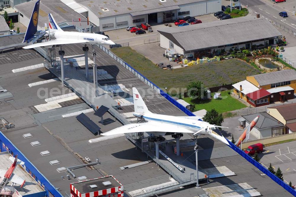 Sinsheim from the bird's eye view: Auto & Technik Museum Sinsheim. Auf 30.000 qm Hallenfläche befinden sich hier mehr als 3.000 Exponate, darunter die Concorde der Air France, Oldtimer, Flugzeuge, Formel-1-Wagen, Motorräder und Lokomotiven. Auf dem Gelände ist auch das IMAX 3D Filmtheater. Kontakt: Auto & Technik MUSEUM SINSHEIM / IMAX 3D Filmtheater, Museumsplatz, D-74889 Sinsheim, Tel.: 0049 (0) 7261 / 9299-0, Fax: 0049 (0) 7261 / 13916,