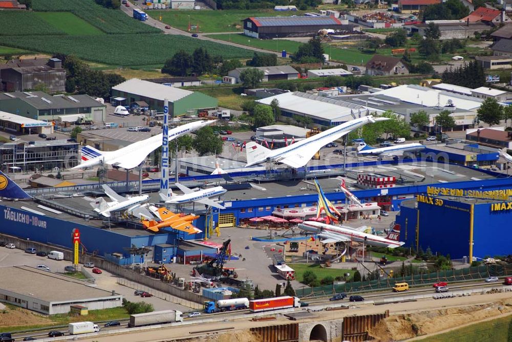 Aerial image Sinsheim - Auto & Technik Museum Sinsheim. Auf 30.000 qm Hallenfläche befinden sich hier mehr als 3.000 Exponate, darunter die Concorde der Air France, Oldtimer, Flugzeuge, Formel-1-Wagen, Motorräder und Lokomotiven. Auf dem Gelände ist auch das IMAX 3D Filmtheater. Kontakt: Auto & Technik MUSEUM SINSHEIM / IMAX 3D Filmtheater, Museumsplatz, D-74889 Sinsheim, Tel.: 0049 (0) 7261 / 9299-0, Fax: 0049 (0) 7261 / 13916,