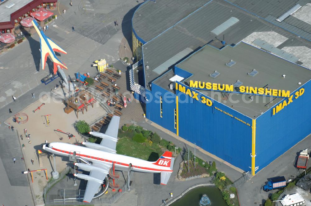 Sinsheim from above - Auto & Technik Museum Sinsheim. Auf 30.000 qm Hallenfläche befinden sich hier mehr als 3.000 Exponate, darunter die Concorde der Air France,die russische TU-144, Oldtimer, Flugzeuge, Formel-1-Wagen, Motorräder und Lokomotiven. Auf dem Gelände ist auch das IMAX 3D Filmtheater. Kontakt: Auto & Technik MUSEUM SINSHEIM / IMAX 3D Filmtheater, Museumsplatz, D-74889 Sinsheim, Tel.: 0049 (0) 7261 / 9299-0, Fax: 0049 (0) 7261 / 13916,