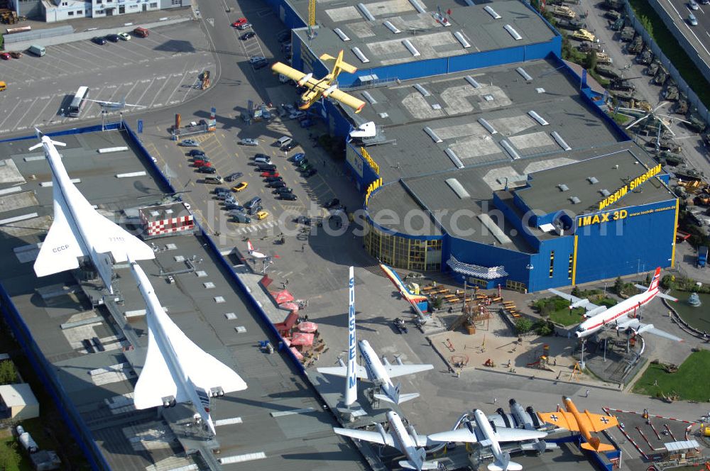 Aerial image Sinsheim - Auto & Technik Museum Sinsheim. Auf 30.000 qm Hallenfläche befinden sich hier mehr als 3.000 Exponate, darunter die Concorde der Air France,die russische TU-144, Oldtimer, Flugzeuge, Formel-1-Wagen, Motorräder und Lokomotiven. Auf dem Gelände ist auch das IMAX 3D Filmtheater. Kontakt: Auto & Technik MUSEUM SINSHEIM / IMAX 3D Filmtheater, Museumsplatz, D-74889 Sinsheim, Tel.: 0049 (0) 7261 / 9299-0, Fax: 0049 (0) 7261 / 13916,