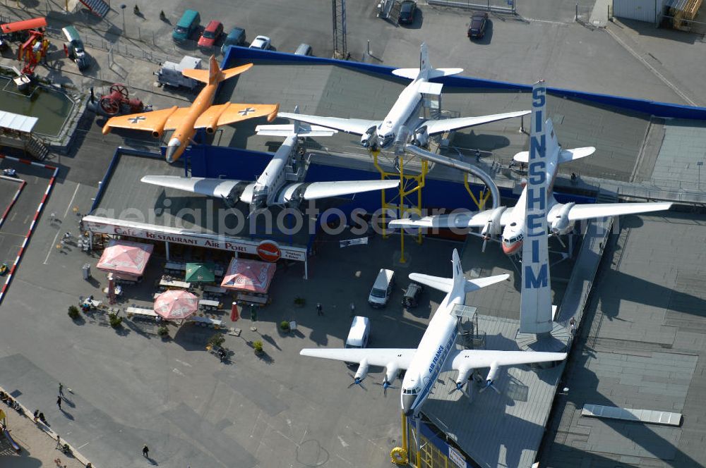 Aerial image Sinsheim - Auto & Technik Museum Sinsheim. Auf 30.000 qm Hallenfläche befinden sich hier mehr als 3.000 Exponate, darunter die Concorde der Air France,die russische TU-144, Oldtimer, Flugzeuge, Formel-1-Wagen, Motorräder und Lokomotiven. Auf dem Gelände ist auch das IMAX 3D Filmtheater. Kontakt: Auto & Technik MUSEUM SINSHEIM / IMAX 3D Filmtheater, Museumsplatz, D-74889 Sinsheim, Tel.: 0049 (0) 7261 / 9299-0, Fax: 0049 (0) 7261 / 13916,