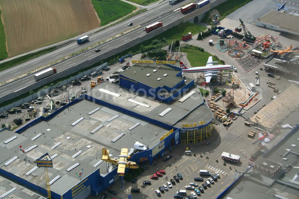 Sinsheim from above - Blick auf das Auto & Technik Museum Sinsheim. Auf 30.000 qm Hallenfläche befinden sich hier mehr als 3.000 Exponate, darunter die Concorde der Air France,die russische TU-144, Oldtimer, Flugzeuge, Formel-1-Wagen, Motorräder und Lokomotiven. Auf dem Gelände ist auch das IMAX 3D Filmtheater. Kontakt: Auto & Technik MUSEUM SINSHEIM / IMAX 3D Filmtheater, Museumsplatz, D-74889 Sinsheim, Tel.: 0049 (0) 7261 / 9299-0, Fax: 0049 (0) 7261 / 13916,