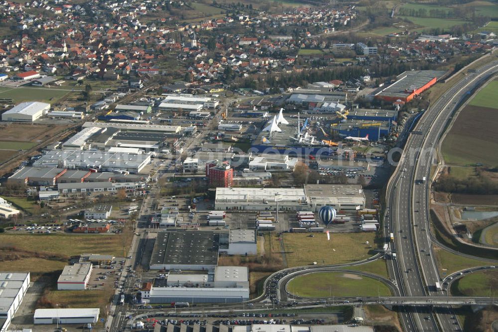 Sinsheim from above - Blick auf das Auto & Technik Museum Sinsheim. Auf 30.000 qm Hallenfläche befinden sich hier mehr als 3.000 Exponate, darunter die Concorde der Air France,die russische TU-144, Oldtimer, Flugzeuge, Formel-1-Wagen, Motorräder und Lokomotiven. Auf dem Gelände ist auch das IMAX 3D Filmtheater. Kontakt: Auto & Technik MUSEUM SINSHEIM / IMAX 3D Filmtheater, Museumsplatz, D-74889 Sinsheim, Tel.: 0049 (0) 7261 / 9299-0, Fax: 0049 (0) 7261 / 13916,