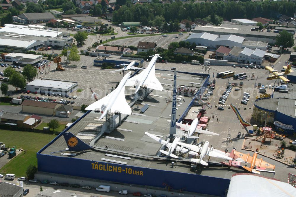 Sinsheim from the bird's eye view: Blick auf das Auto & Technik Museum Sinsheim. Auf 30.000 qm Hallenfläche befinden sich hier mehr als 3.000 Exponate, darunter die Concorde der Air France,die russische TU-144, Oldtimer, Flugzeuge, Formel-1-Wagen, Motorräder und Lokomotiven. Auf dem Gelände ist auch das IMAX 3D Filmtheater. Kontakt: Auto & Technik MUSEUM SINSHEIM / IMAX 3D Filmtheater, Museumsplatz, D-74889 Sinsheim, Tel.: 0049 (0) 7261 / 9299-0, Fax: 0049 (0) 7261 / 13916,