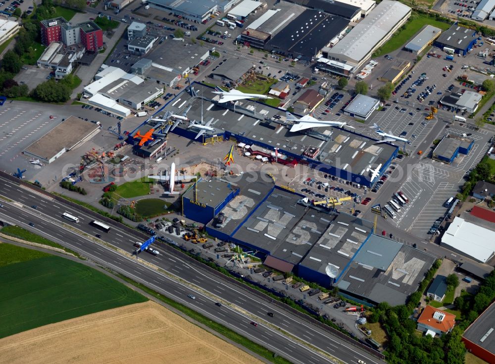 Aerial photograph Sinsheim - The Auto & Technik Museum Sinsheim. At 30,000 square meters exhibition space hosts more than 3,000 exhibits, including the Concorde of Air France, the Russian TU-144, classic cars, planes, Formula 1 cars, motorcycles and locomotives