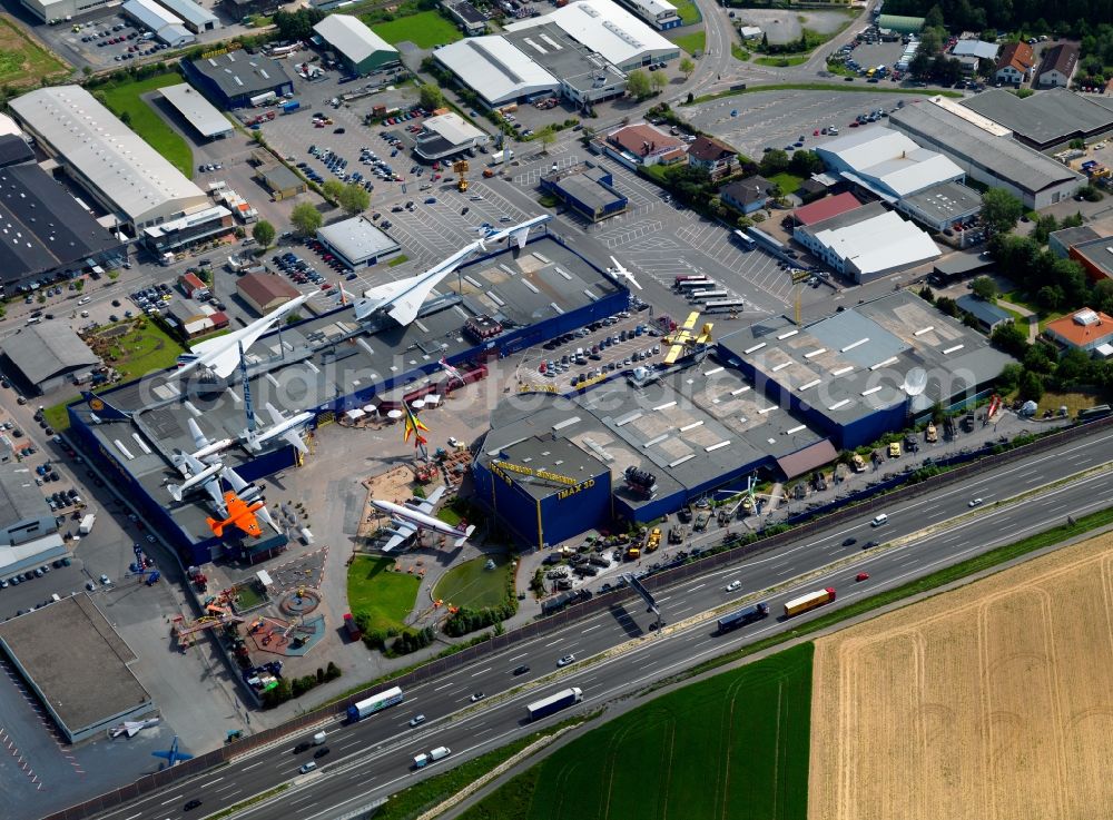 Sinsheim from above - The Auto & Technik Museum Sinsheim. At 30,000 square meters exhibition space hosts more than 3,000 exhibits, including the Concorde of Air France, the Russian TU-144, classic cars, planes, Formula 1 cars, motorcycles and locomotives