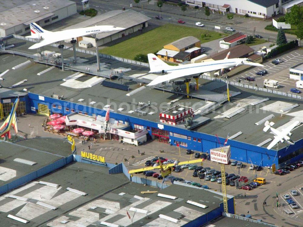 Sinsheim / Baden-Württemberg from the bird's eye view: Das Auto & Technik MUSEUM SINSHEIM ist eine Erlebniswelt für Jung und Alt! Auf über 30.000 qm Hallenfläche erwarten Sie mehr als 3.000 Ausstellungsstücke, darunter die Original CONCORDE der Air-France, die russische Concorde Tupolev TU-144, mehr als 300 Oldtimer, 200 Motorräder, 40 Sportwagen, usw... Auto & Technik Museum Sinsheim e.V. IMAX 3D Filmtheater Museumsplatz, D-74889 Sinsheim Tel.: 07261 / 9299-0Fax: 07261 / 13916