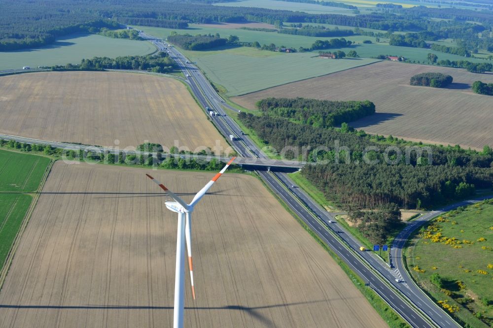 Aerial image Wittstock/Dosse - Routing and traffic lanes during the highway exit and access the motorway near Wittstock/Dosse in the state Brandenburg