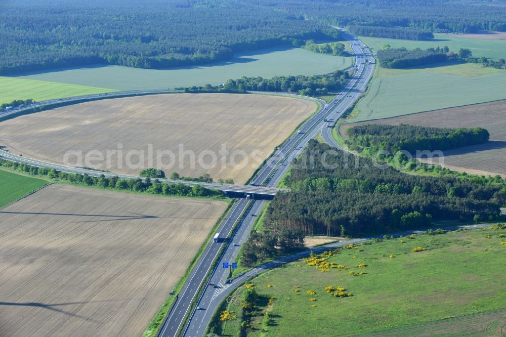 Aerial image Wittstock/Dosse - Routing and traffic lanes during the highway exit and access the motorway near Wittstock/Dosse in the state Brandenburg