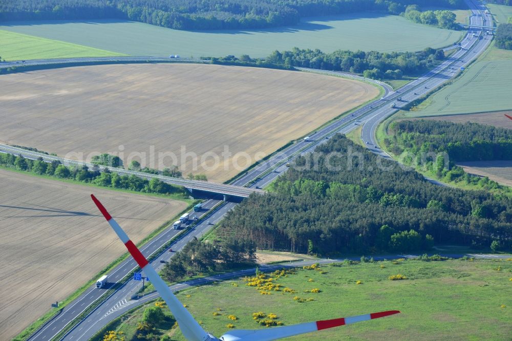 Aerial photograph Wittstock/Dosse - Routing and traffic lanes during the highway exit and access the motorway near Wittstock/Dosse in the state Brandenburg