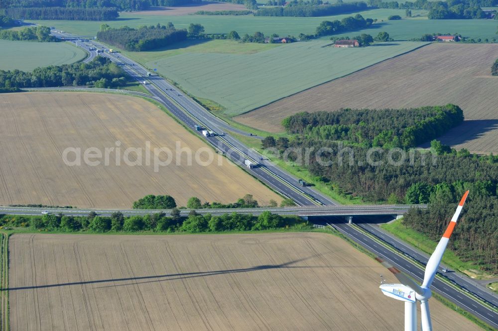 Aerial image Wittstock/Dosse - Routing and traffic lanes during the highway exit and access the motorway near Wittstock/Dosse in the state Brandenburg