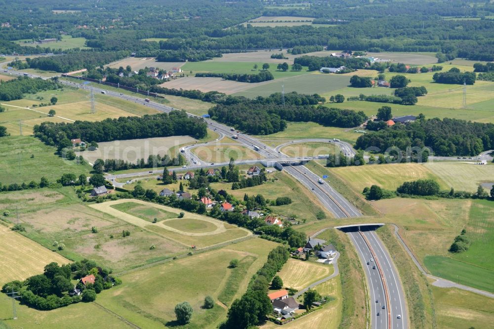 Bielefeld from the bird's eye view: Routing and traffic lanes during the highway exit and access the motorway A 33 Bielefeld-Senne in Bielefeld in the state North Rhine-Westphalia