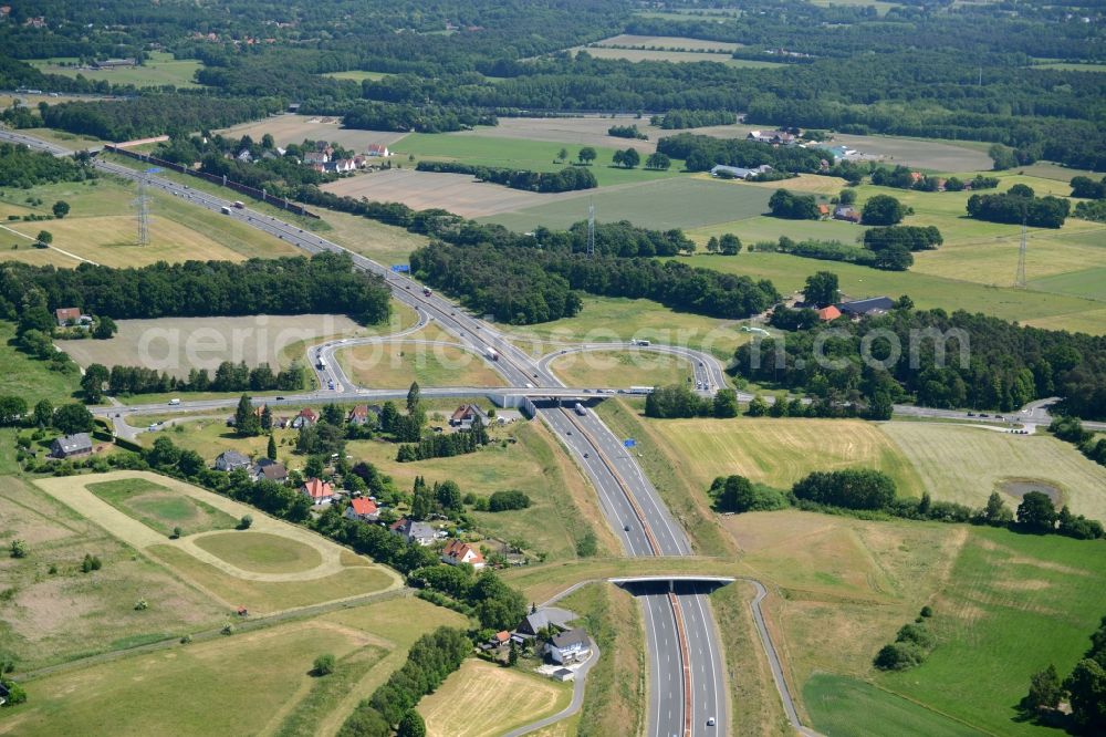 Aerial image Bielefeld - Routing and traffic lanes during the highway exit and access the motorway A 33 Bielefeld-Senne in Bielefeld in the state North Rhine-Westphalia