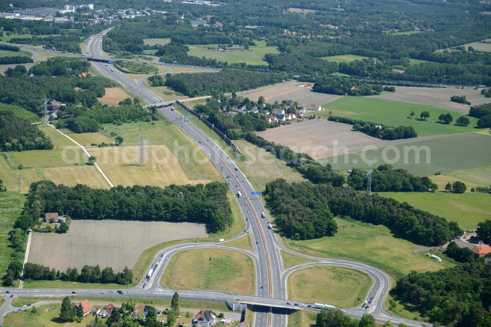 Aerial image Bielefeld - Routing and traffic lanes during the highway exit and access the motorway A 33 Bielefeld-Senne in Bielefeld in the state North Rhine-Westphalia