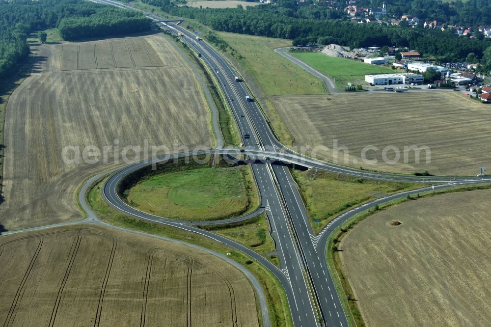 Borna from above - Routing and traffic lanes during the highway exit and access the motorway A 72 in Borna in the state Saxony