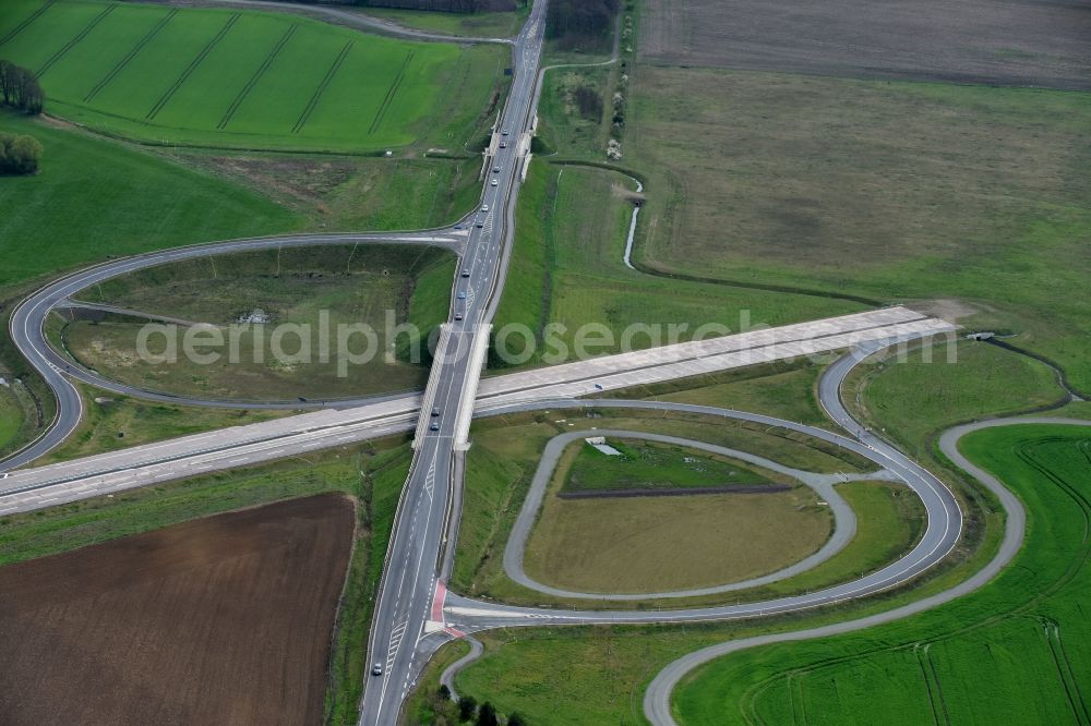 Colbitz from above - Routing and traffic lanes during the highway exit and access the motorway A 14 zu B189 in Colbitz in the state Saxony-Anhalt